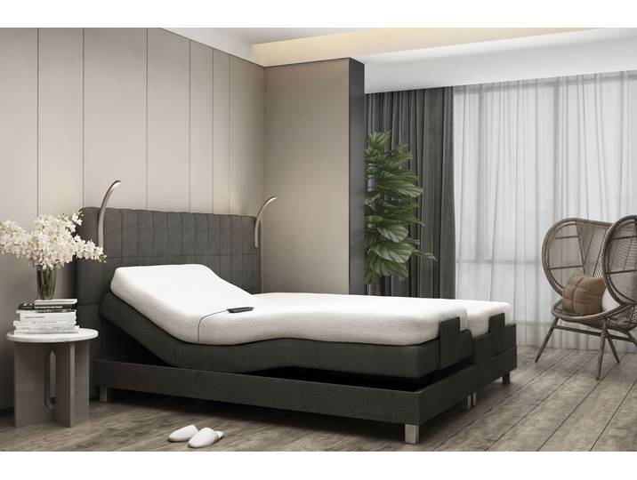 Boxspringbett, Microvelours, Schwarz, 178×211 cm, Mit Motor & LED-Beleuchtung, Westfalia Schlafkomfort