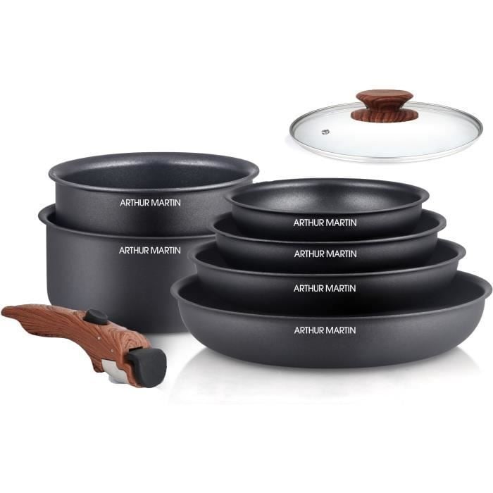 Arthur Martin 8-delige kookset van aluminium met houten handgrepen, geschikt voor alle warmtebronnen inclusief inductie