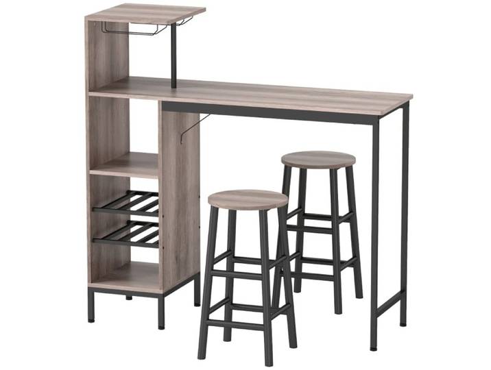 Ensemble de bar compact - Gris - Bois - Dimensions table: 121 5x40x122 cm - Tabourets: Ø30x60 cm