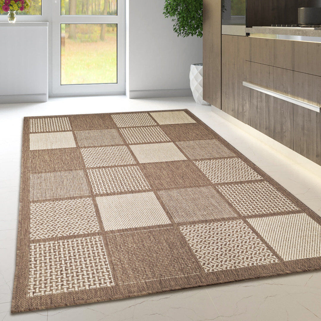 17 Stories Non Slip Rug Flat Weave Check Kitchen Living Room Carpet Brown Rectangle 160 x 225 cm
