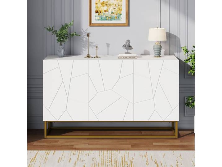 Buffet brillant moderne 130x36x76cm - 3 portes avec 3 étagères réglables - blanc