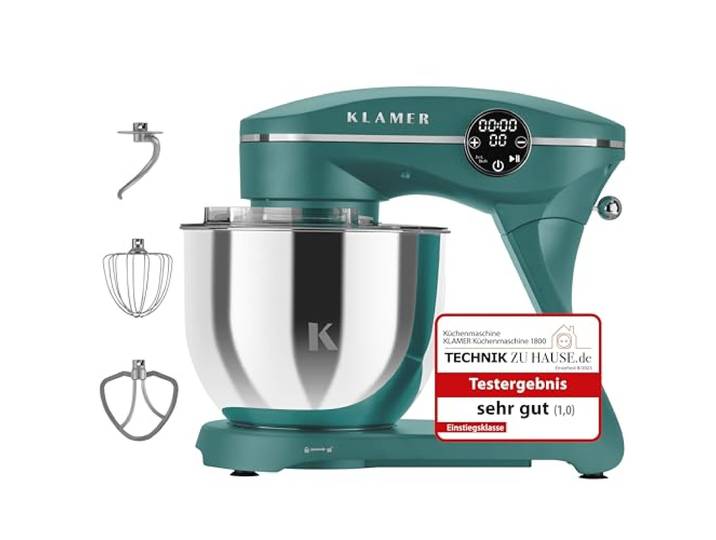 KLAMER Küchenmaschine 1800W, Knetmaschine Brotteig mit 6L Edelstahlschüssel 10 Geschwindigkeiten und Timer, Planetenrührwerk, Knethaken, Flachrührer und Schneebesen, transparenter Sichtdeckel