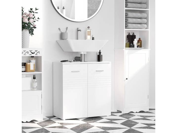 kleankin Meuble Sous Lavabo Bois Blanc Brillant 2 Portes