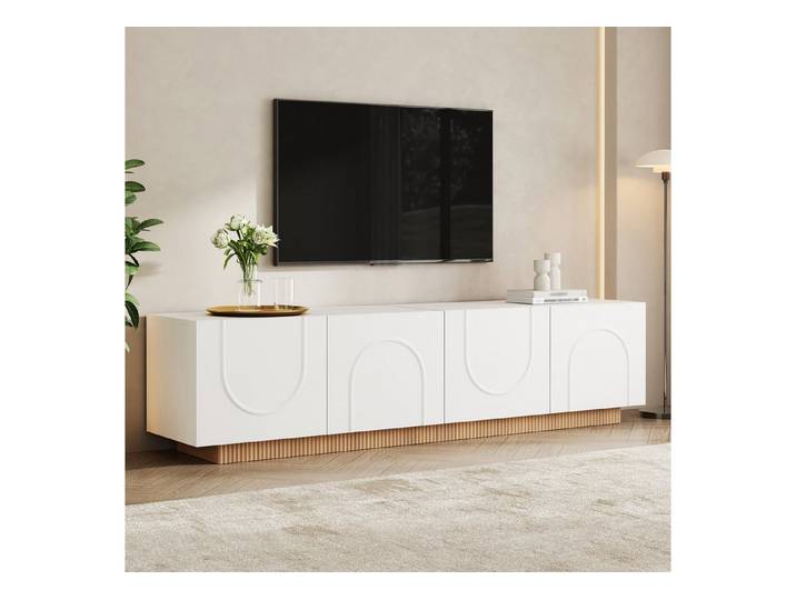 HAUSS SPOLE TV-Schrank Wohnzimmer Lowboard mit Kabeldurchlässe und Schwenktüren,Weiß (Modernes Medienboard mit Kabelführung für Wohnbereich) 4 Schwenktüren und gedämpfte Scharniere