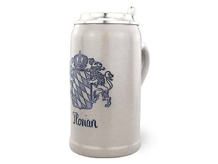 Bavariashop PREMIUM Bierkrug Bayern mit Zinndeckel, Gravur 1 L Steinzeug Personalisiert mit Wunschname, salzglasiert, Handarbeit, bayerisches Geschenk für Bierliebhaber, Vatertag, Geburtstag