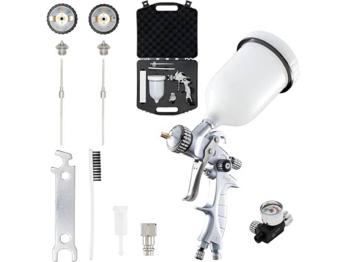 BenBow Lackierpistole Set PK60 HVLP 1,4 mm + 1,8 mm Düse + 600 ml Lackbehälter + Koffer + Druckminderer 9,6 BAR – ideal für Autolackierung Industrielacke Heimwerker
