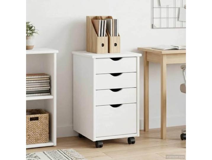 Rollschrank Weiß 34 x 39 x 56 cm, mit 4 Schubladen aus massivem Kiefernholz Massives Kiefernholz, versenkte Griffe, vier Rollen für flexibles Positionieren, 4 Schubladen mit Rollenschienen