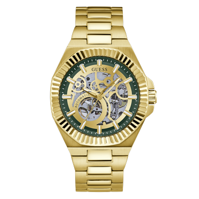 Automatikuhr GUESS "EQUITY", gold (goldfarben, grün), Armbanduhren, Herren, goldfarben, Automatikuhr, Armbanduhr, Herrenuhr, Mechanische Uhr, Edelstahlarmband, analog, Tag