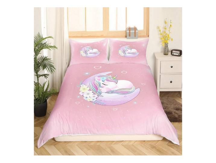 LuxusKollektion Kinderbettwäsche Mädchen Bettwäsche Einhorn 155x220 Rosa Mond