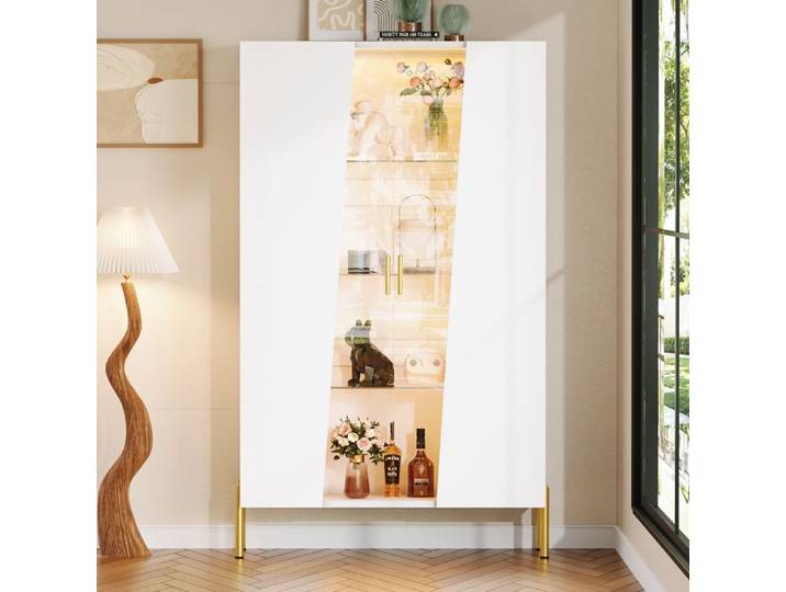Vitrine en verre avec éclairage LED 72×40×145 cm porte en verre trempé asymétrique 3 étagères en verre bibliothèque Blanc