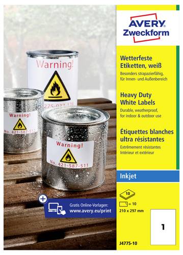 Avery-Zweckform J4775-10 Folien-Etiketten 210 x 297 mm Polyester-Folie Weiß 10 St. Permanent haftend Tintenstrahldrucker, Handbeschriftung