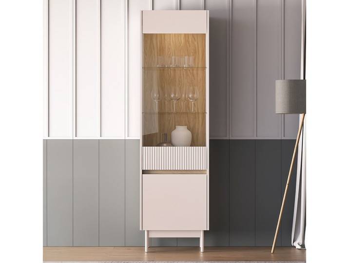 Lomadox Vitrine DINAR-131 kaschmir Eiche-Dekor modern 55 cm breit Metallfüße inkl. Beleuchtung