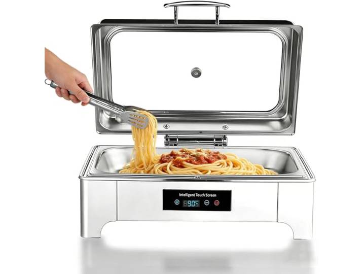 Chafing Dish Elektrisch, 9L Edelstahl Speisenwärmer Glasdeckel (GN1/1) Speisewärmer Buffetwärmer Elektrisch mit Touch-Temperaturregelung, Warmhaltebehälter Essen Elektrisch für Buffet und Party