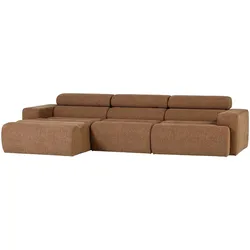 Ecksofa Novi aus Bouclé, modern mit Chaiselongue und verstellbarer Nackenstütze, karamellbraun, links
