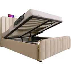 Polsterbett 140x200 Stauraum mit USB Typ-C – elegantes Design, Leinenbezug, hydraulisches Lagerungssystem, Metallrahmen, beige, Lattenrost inklusive