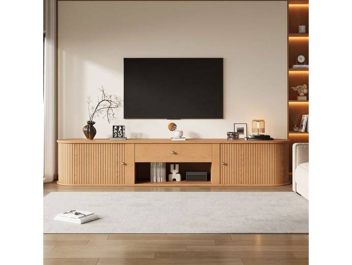 Meuble TV 180x40x40 cm bois 2 portes roulantes 1 tiroir niches ouvertes design arrondi rétro TV jusqu'à 75 pouces