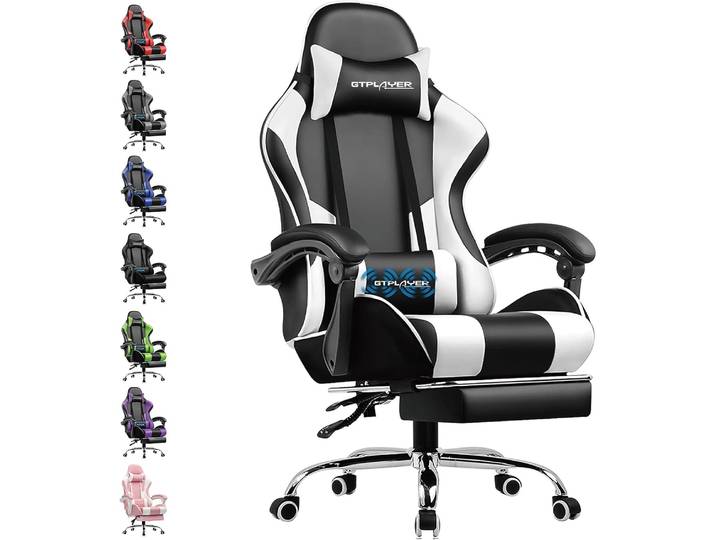 Chaise de jeu, chaise de bureau, fauteuil de massage, chaise de gamer ergonomique avec repose-pieds, coussin lombaire massant, rembourrée