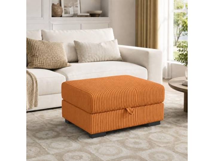 Hoscullo Sitzhocker mit Stauraum, Rechteckiger Polsterhocker Orange, Fußhocker Wohnzimmer mit Verdecktem Innenraum, Cord Hocke mit Deckel für Wohnzimmer Schlafzimmer Sofa, 87 x 68 x 45 cm