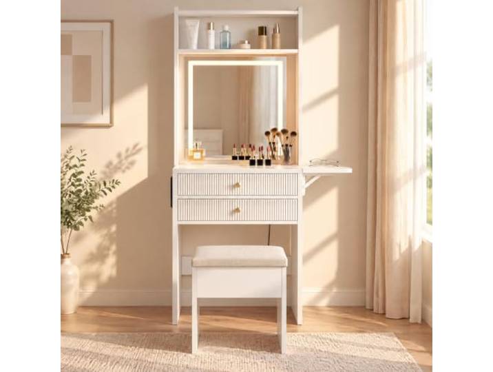 GarveeHome LED-Schminktisch mit beleuchtetem Spiegel & Hocker – Moderne Frisierkommode mit Stauraum für kleine Schlafzimmer – Weiß