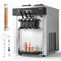 VEVOR Gewerbliche Eismaschine 20-28 L/h Leistung, Softeismaschine 2200 W mit 2 x Behältern (6 L), Vorkühlung, Selbstreinigung und LED-Display, Tischgerät für Snackbars, Dessertläden und Cafés, Silber
