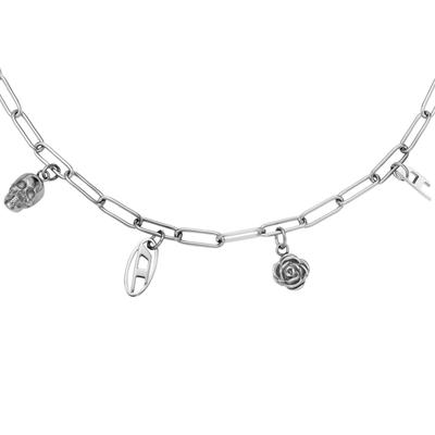Kette mit Anhänger DIESEL "Schmuck Geschenk Edelstahl Totenkopf Rose", silber (edelstahlfarben), Halsketten, Damen, Edelstahl, L: 45 B: 4mm, B:4mm
