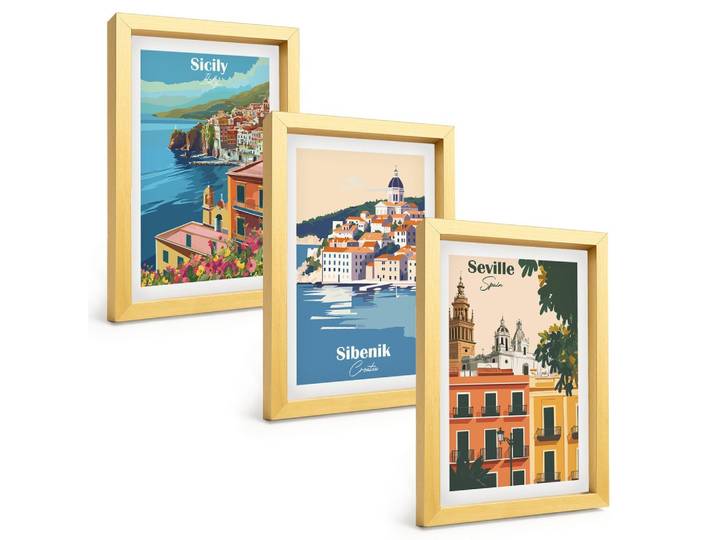 BILDER SET 3er Set - 20x30 cm Goldrahmen - Stadtlandschaften mit Gebäuden