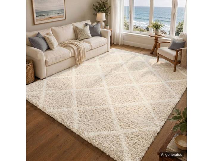 LIVABLISS Tapis de Salon à Poils Longs Doux Shaggy Scandinave Bohème JANE 160x220cm Blanc/Beige
