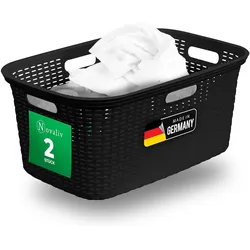 Novaliv 2 Stück Rattan Wäschekorb mit 4 Griffen 40L Schwarz , Wäschebox Set Wäscheeimer Wäschebehälter für Bad Wäsche Schmutzwäsche , Wäschekörbe Haushalt Zubehör Wäschetonne Sammler