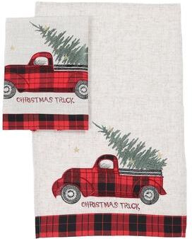Manor Luxe "Vintage Tartan Truck Christmas Decorative Towels 14""x22"", Set of 2 - Natural/Red - 14""x22"""