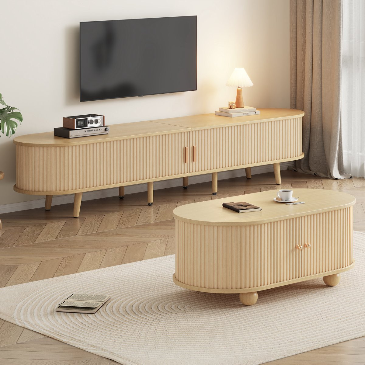 MODFU TV-meubel en salontafelset in licht walnootkleur, modern minimalistisch design met opbergruimte