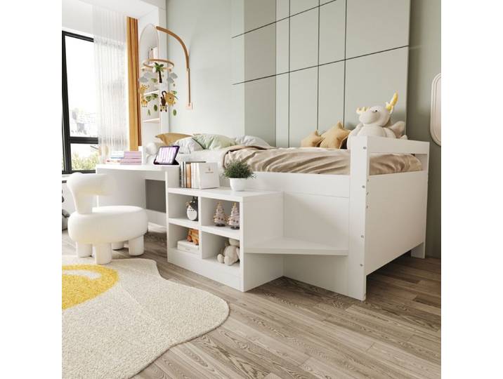 Lit 90×200 cm avec compartiments de rangement Bureau avec prises selon la norme européenne Lit simple Lit en bois Blanc