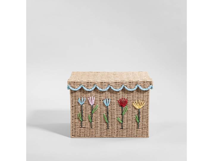 Gewebter Papierkoffer mit Blumenmuster und blauem Wellenrand