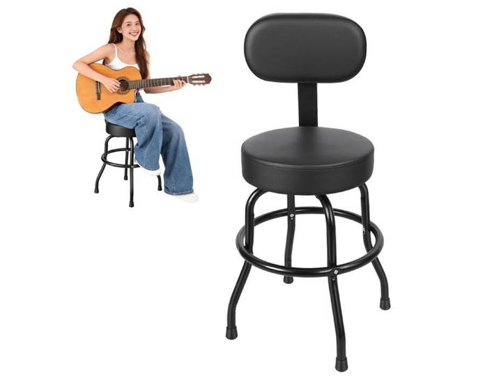 Tabouret de bar tournant 360° avec dossier simili cuir confortable idéal cuisine bar et musique 42*42*90cm éponge Noir