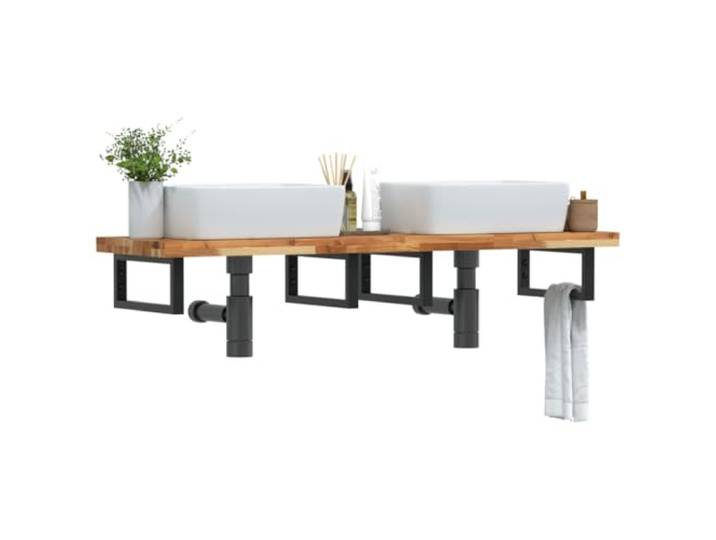 KTHLBRH Waschbeckenregal Wandmontage Stahl Akazienholz Schweberegal Stahlhalterung, massive Akazienholzplatte, flexible Positionierung, Handtuchaufhängung, moderne Optik