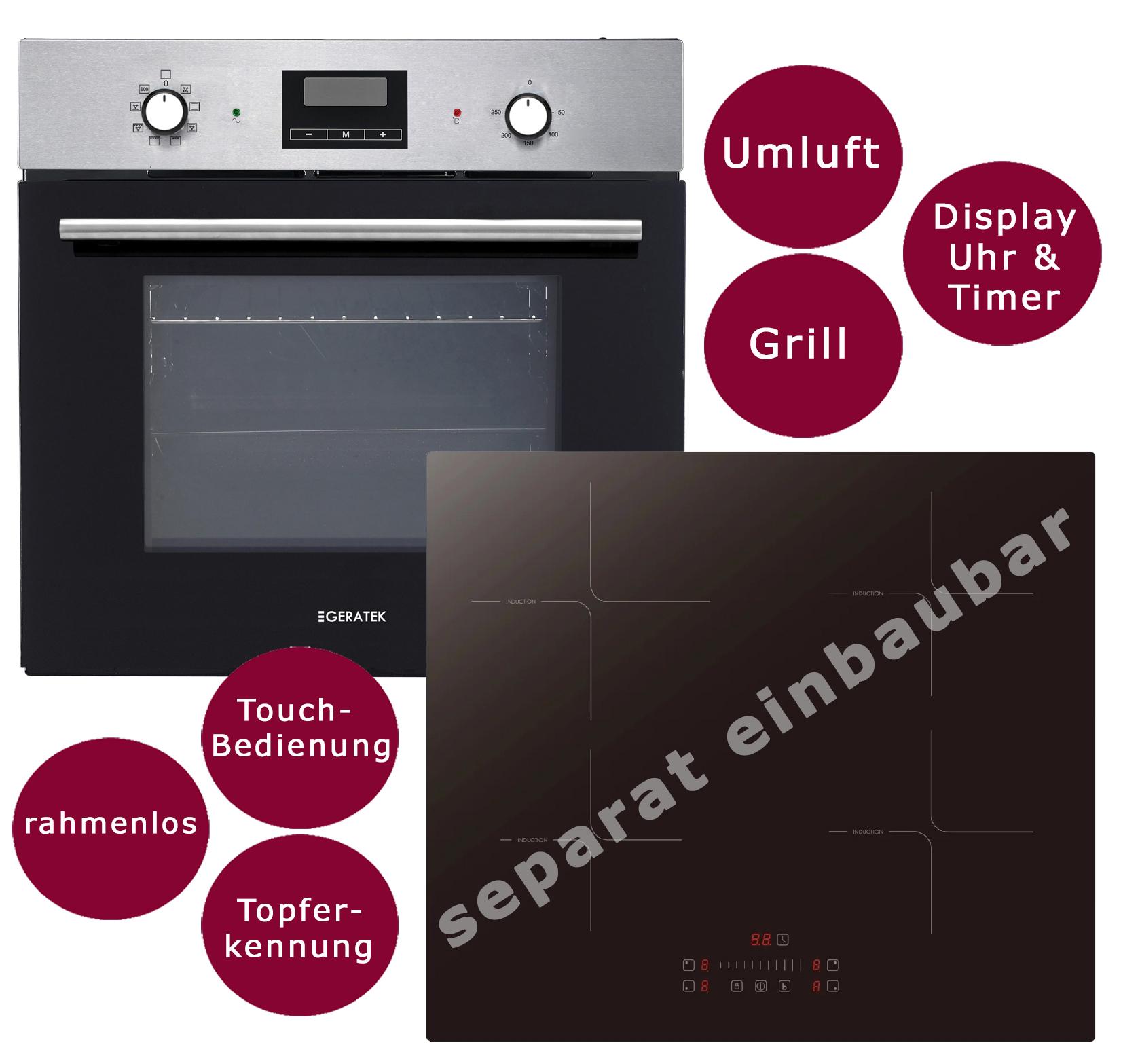 Einbau Herdset Backofen Umluft Timer autarkes Induktionskochfeld 60 cm rahmenlos