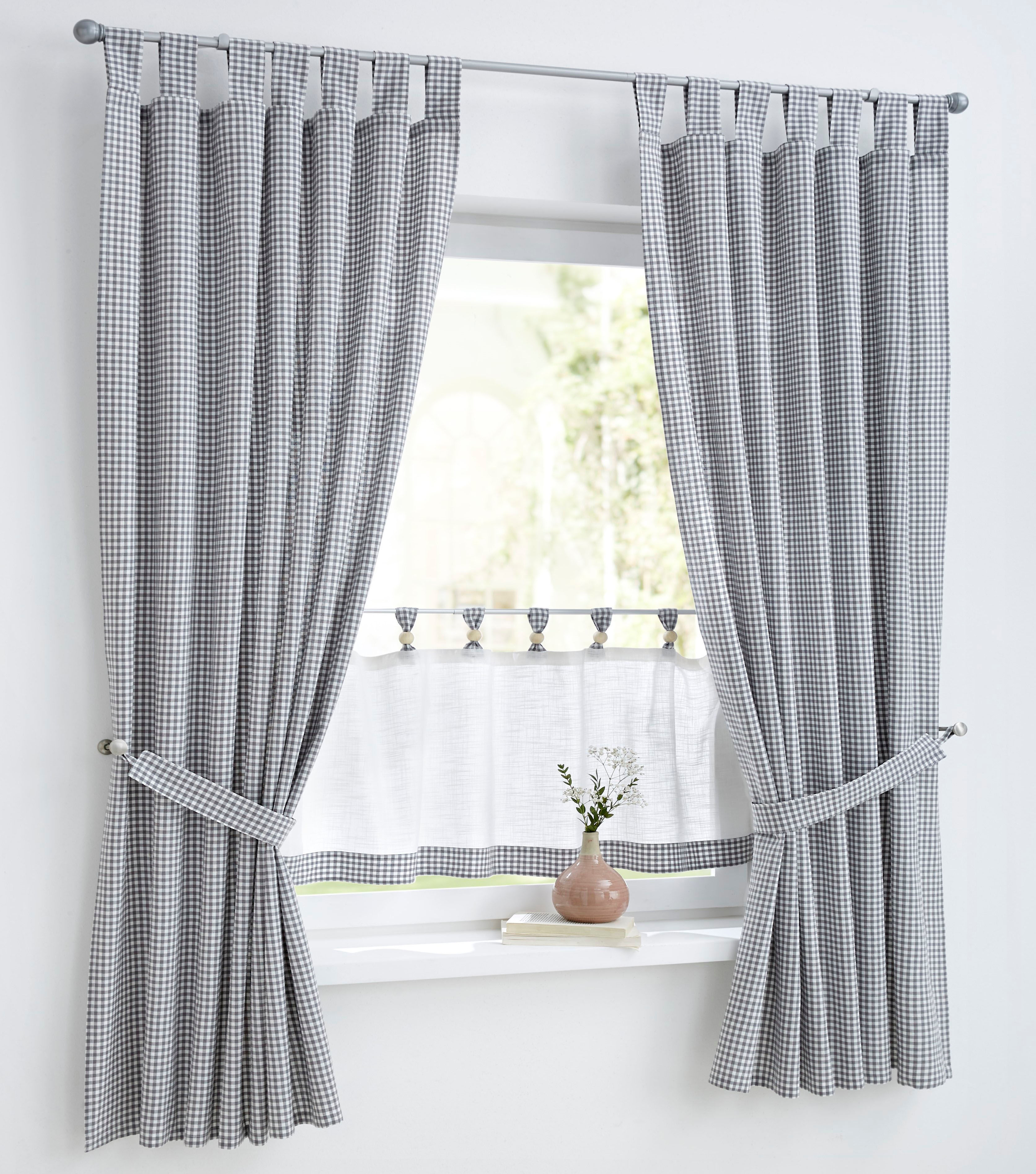 Scheibengardine KUTTI "Cottage Panneau" Gr. 2, grau (grau,weiß), B:120cm H:50cm, Baumwolle, Gardinen, Scheibengardine, Kurzgardine Karo, Baumwolle, Schlaufen