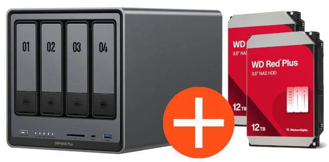 UGREEN NASync DXP4800 Plus NAS System 4-Bay 24TB inkl. 2x WD WD120EFGX NAS HDD - 12 TB DXP4800 Plus + 2x WD120EFGX