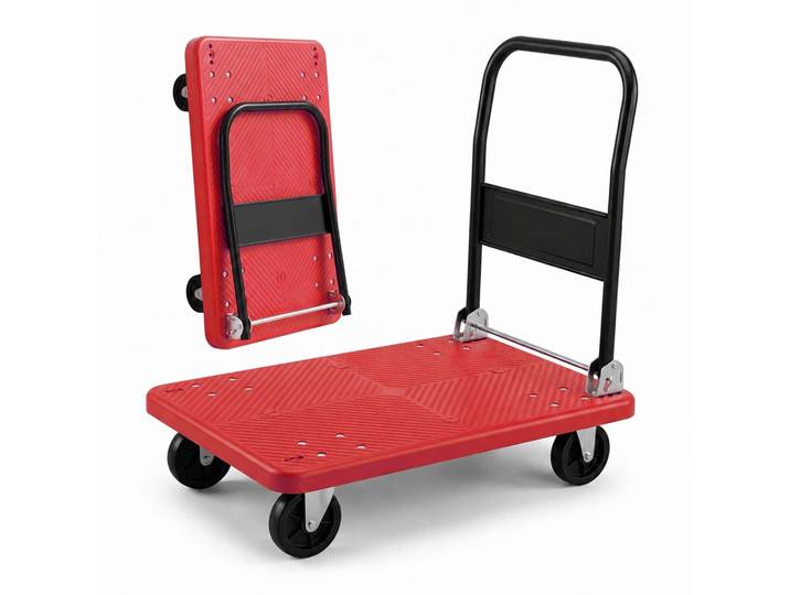 Relaxdays Chariot À Plate-forme Pliable Jusqu'à 300 Kg\, Poignée\, 2 Roues Pivotantes Et 2 Fixes\, Grande Surface\, Rouge