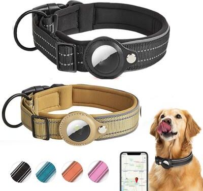 Inspired Deals AirTag Dog Collar With Reflective Safety Stitching And Secure Tracker Holder For All Dog Sizes M black