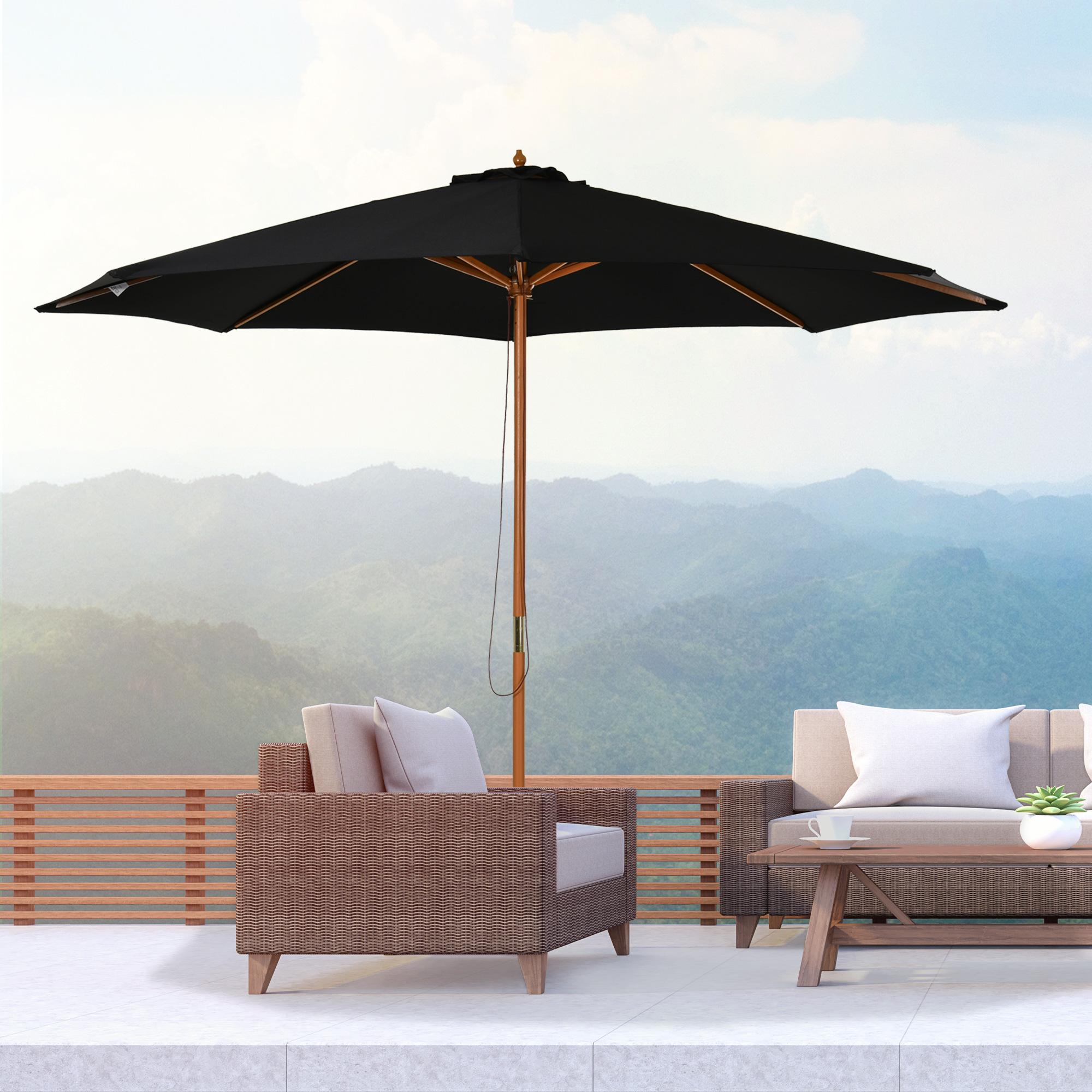 Outsunny Ombrellone da Giardino 3 m con Palo in Legno, 8 Stecche e Parasole in Poliestere, Nero   Aosom Italy