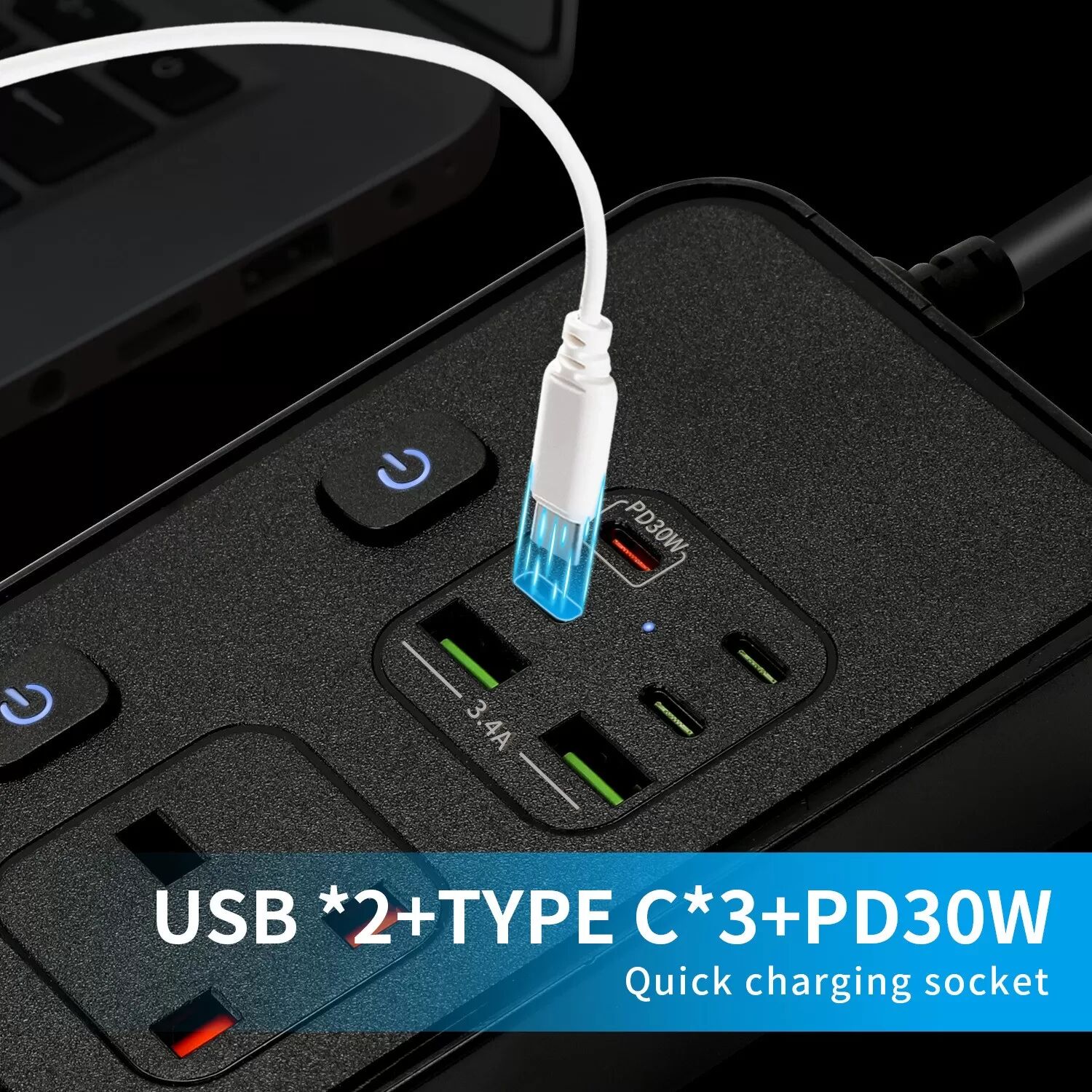 INF Multiprise avec Interrupteurs Indépendants, Ports USB & Type-C - Prise Universelle Le noir