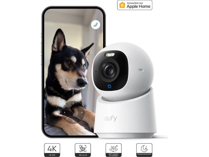 eufy Security Indoor camera E30 - Indoor Cam - Huisdiercamera met app - Petcam - 4K UHD - Pan & Tilt - AI Mens - en Huisdierdetectie - Kleurennachtzicht - Compatibel met Apple HomeKit - Tweewegcommunicatie - Lokale Opslag - Geen Abonnementskosten