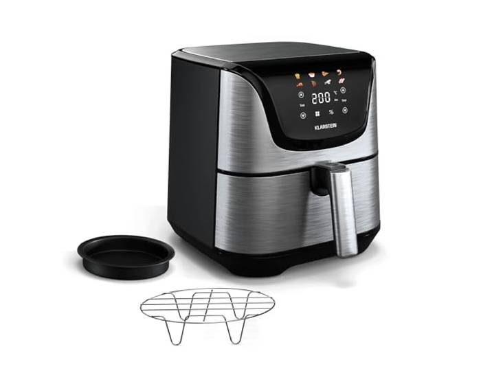 Klarstein AeroVital Deluxe Heißluftfritteuse – 5,4L Airfryer, 1700W, Touch-Display, 8 Programme, Antihaftbeschichtung, Grillrost & Pizzablech, Cooltouch-Gehäuse, Timer & Temperaturkontrolle, Edelstahl