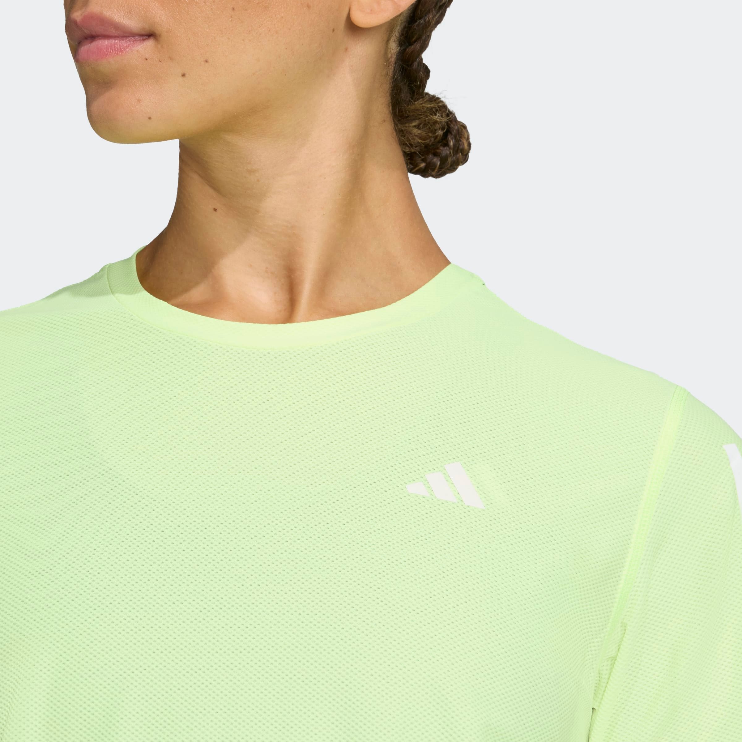 Laufshirt ADIDAS PERFORMANCE "OWN THE RUN", Damen, Gr. XS, grün (hi, res gelb), Obermaterial: 86% Polyester, 14% Elasthan, normal, Rundhals, Shirts Laufshirt hi, res gelb XS