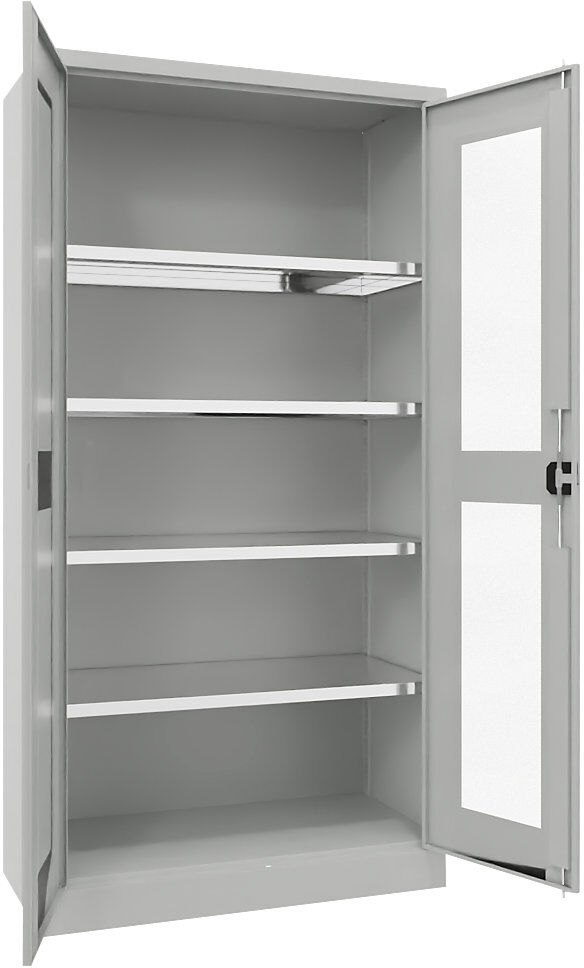Flügeltürschrank mit Sichtfenster, 4 Fachböden, Höhe 1950 mm, HxBxT 1950 x 1000 x 500 mm, Tür lichtgrau Pavoy