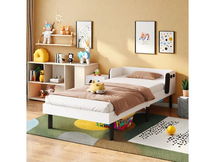 Lit enfant 90x200 cm - Chiot - Design amusant - Sécurité renforcée - Blanc