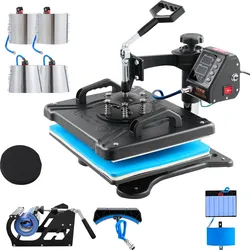 VEVOR Transferpresse 38x30 cm 10 in 1 Textilpresse Heißpresse Wärmepresse, für T-Shirts, Kappen, Keramikteller, Tassen, Sublimationsmaschine mit 360°-Schwenkarm & Schneller Doppelrohrheizung, Schwarz