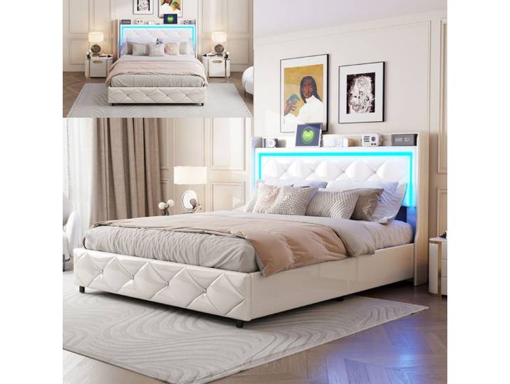 Lit 140x200 cm - LED - USB - tissu en PU - cadre de lit adulte - lit adulte 140x200 cm - 140x200 cm - Blanc