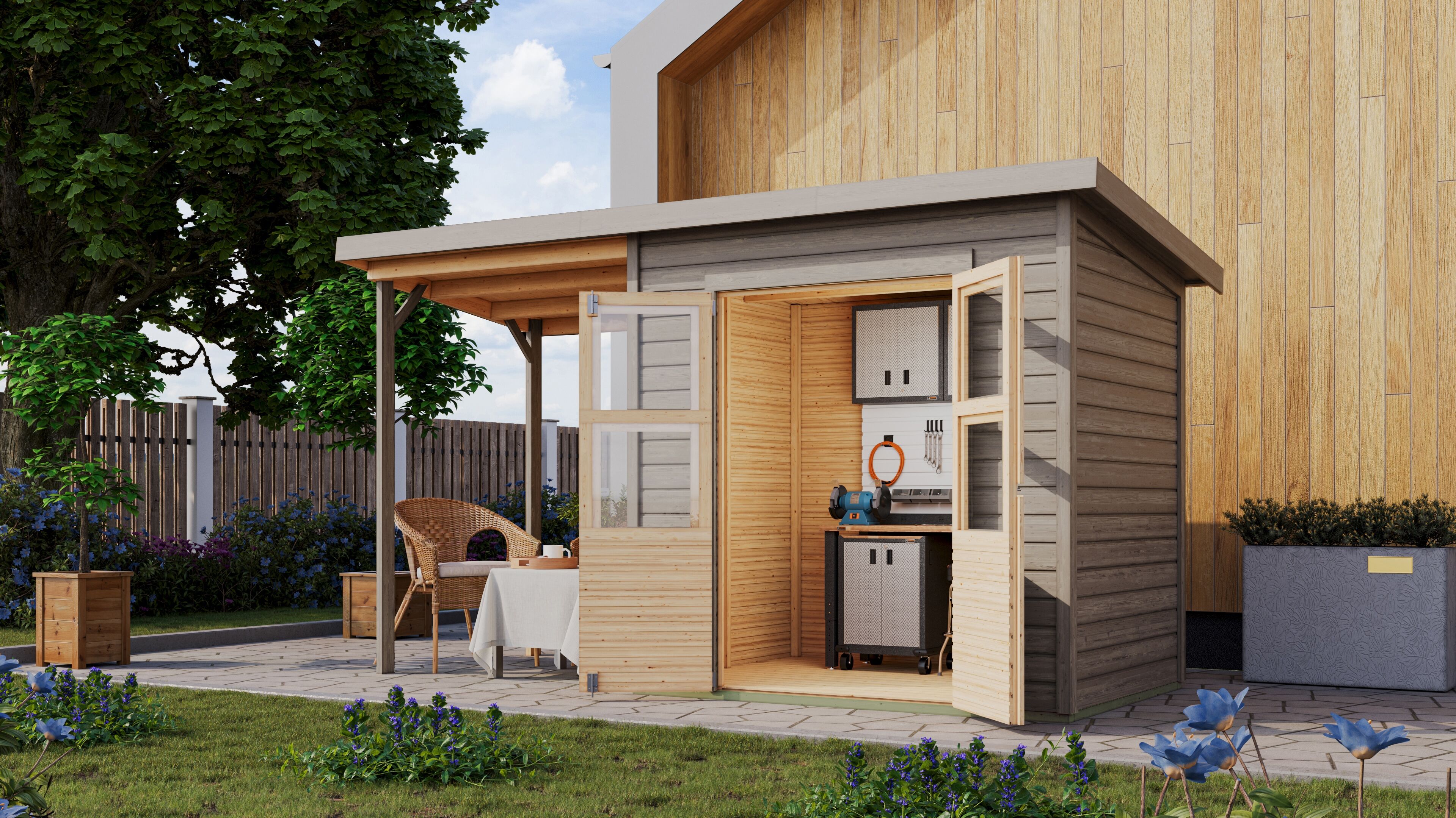 Gartenhaus KARIBU "»Merseburg 3« vorvergraut mit Anbaudach", grau (vorvergraut), ohne Fußboden, ohne Rück- und Seitenwand, Holzwerkstoff, Gartenhäuser, Gartenhaus, aus Fichtenholz, farbig lasiert