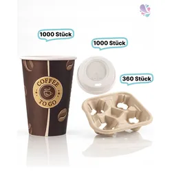 KOMPLETT-SET Kaffeegenuss: Kaffeebecher mit Deckel 0,30 l, je 1.000 Stk, 12oz und 360 x 4er- Becherhalter